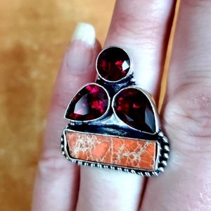 New Sea Sediment Jasper & Garnet 925 Silver Ring.